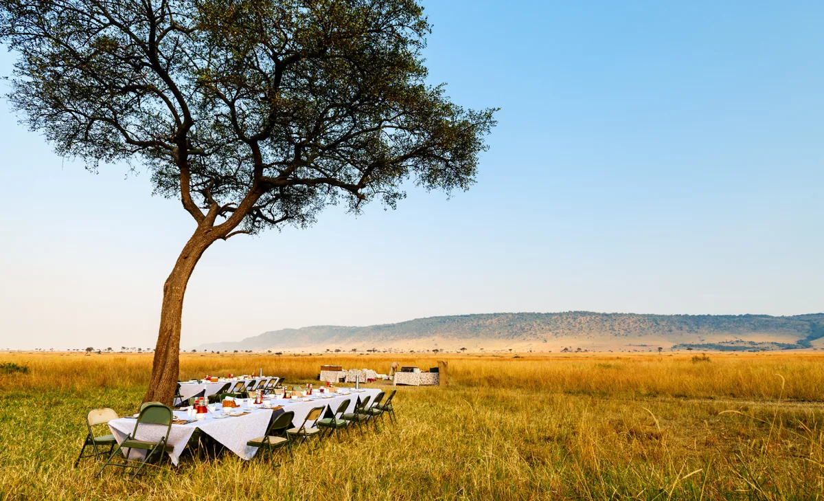 Desayuno privado preparado en la sabana durante un safari en Tanzania