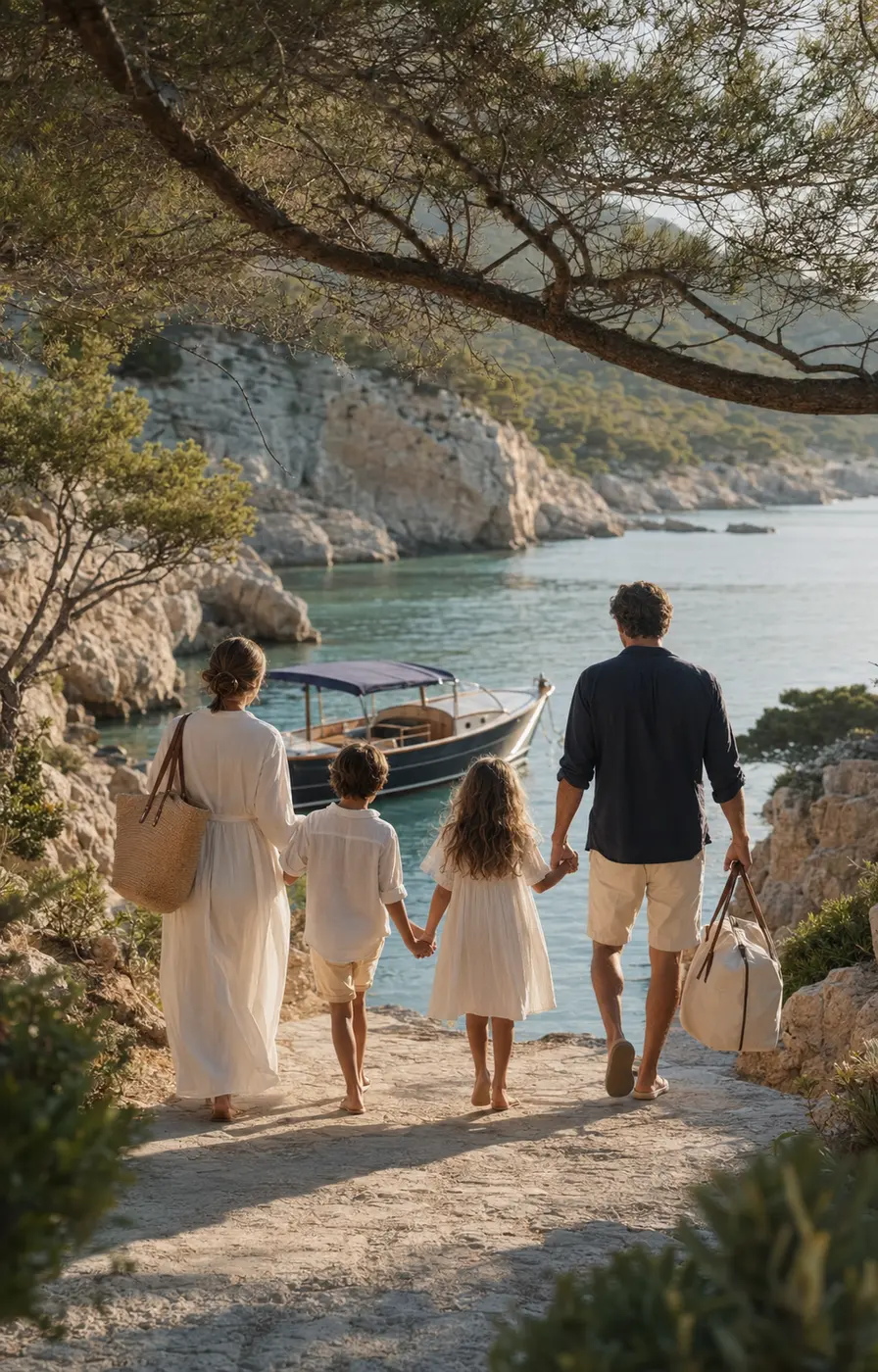 Familia con dos niños llegando a una cala durante un viaje a medida