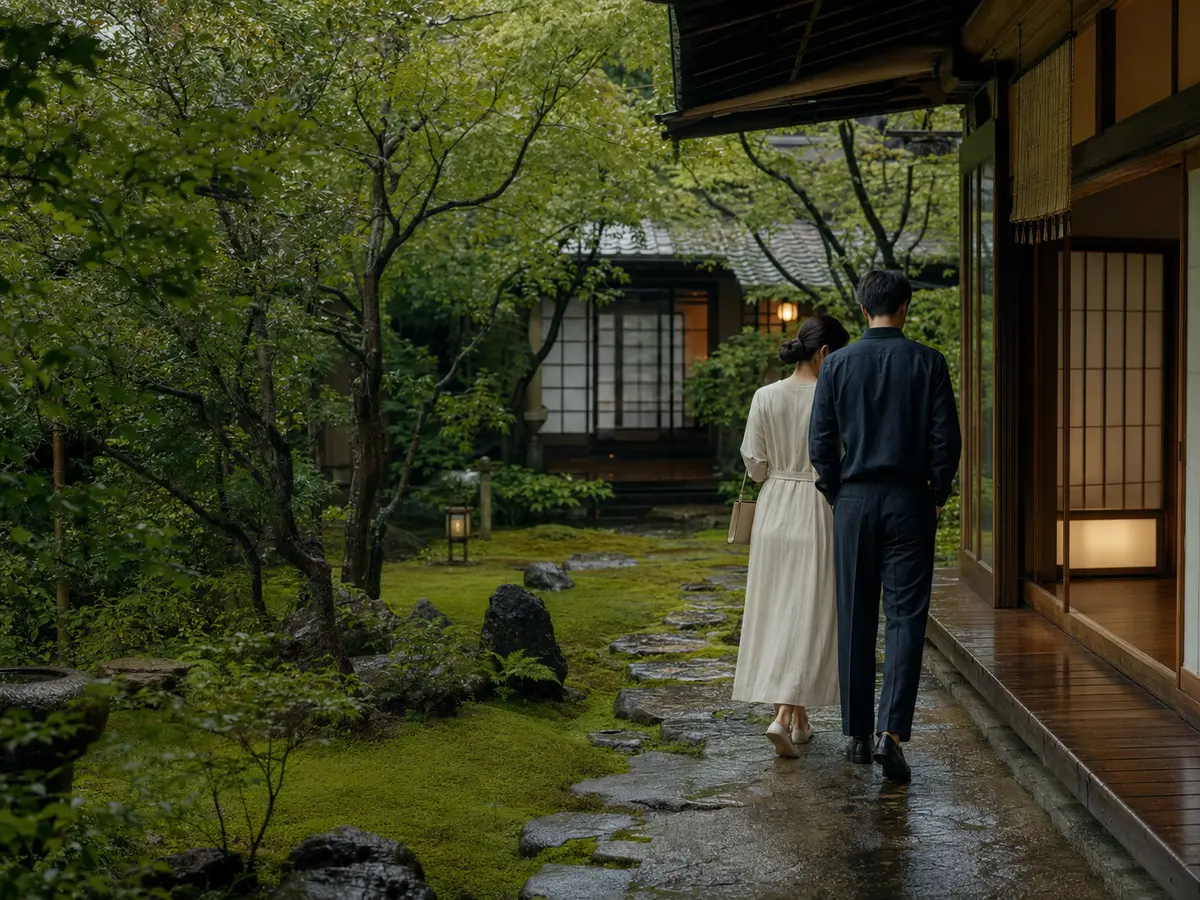Pareja descubriendo un jardín privado durante su viaje de novios