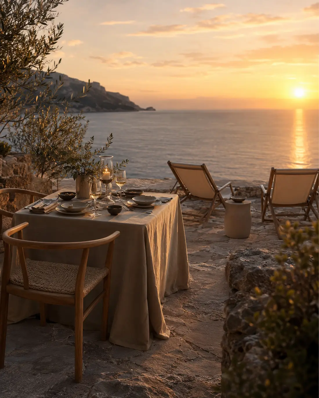 Cena romántica frente al mar al atardecer durante una luna de miel de lujo