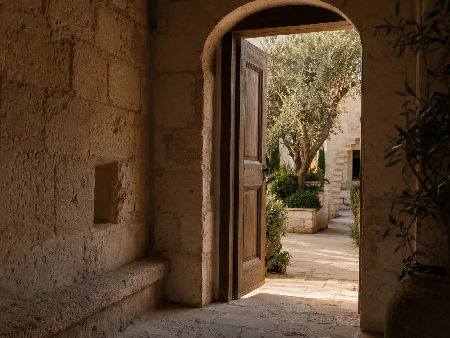 Puerta mediterránea entreabierta que revela un jardín privado
