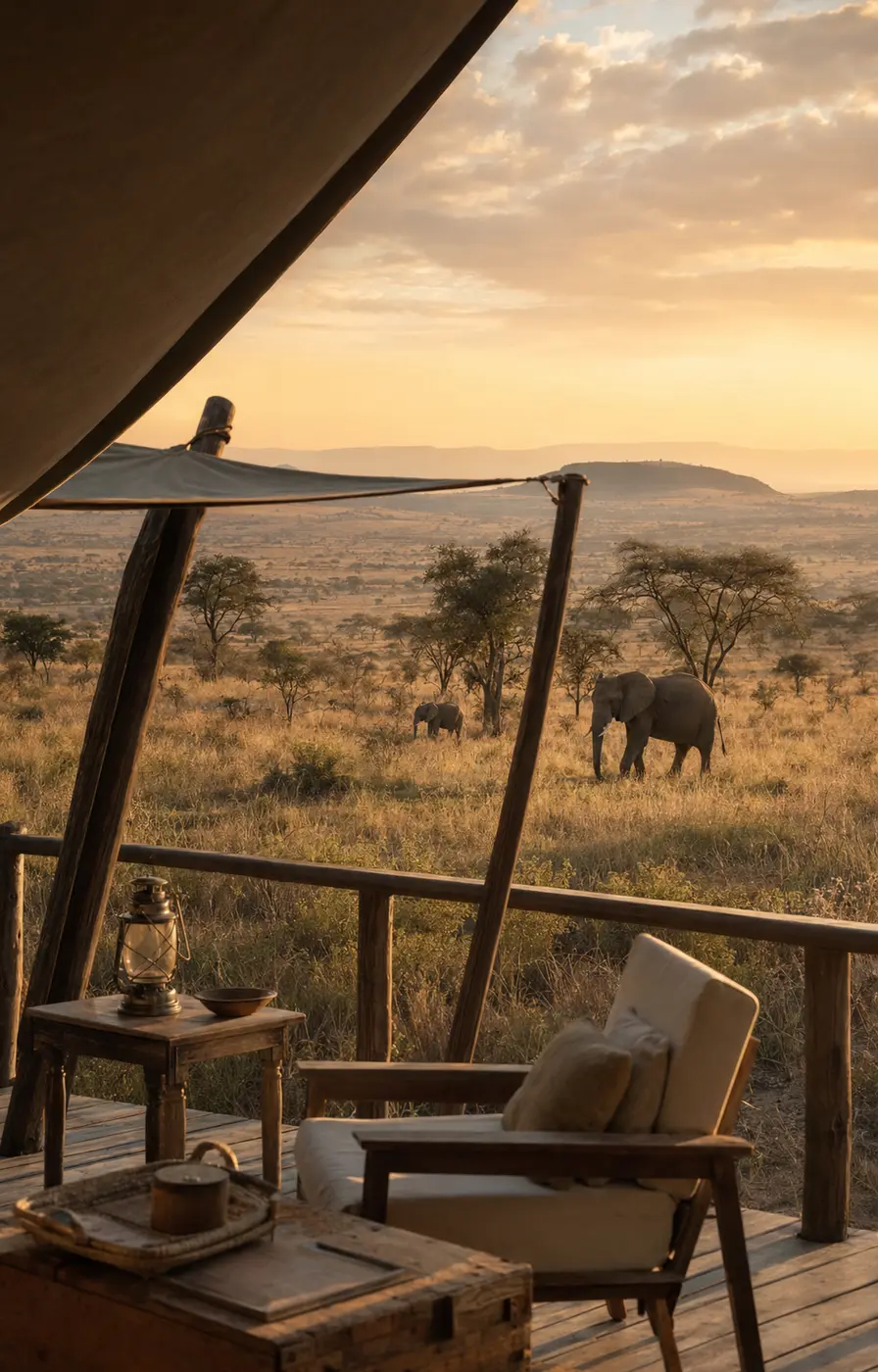 Lodge de safari de lujo con elefantes en la sabana al atardecer