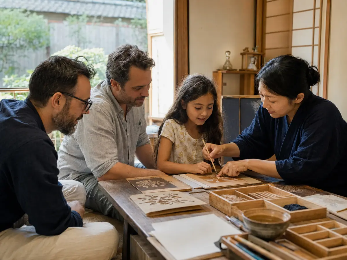 Dos padres y su hija participando en un taller artesanal en Japón