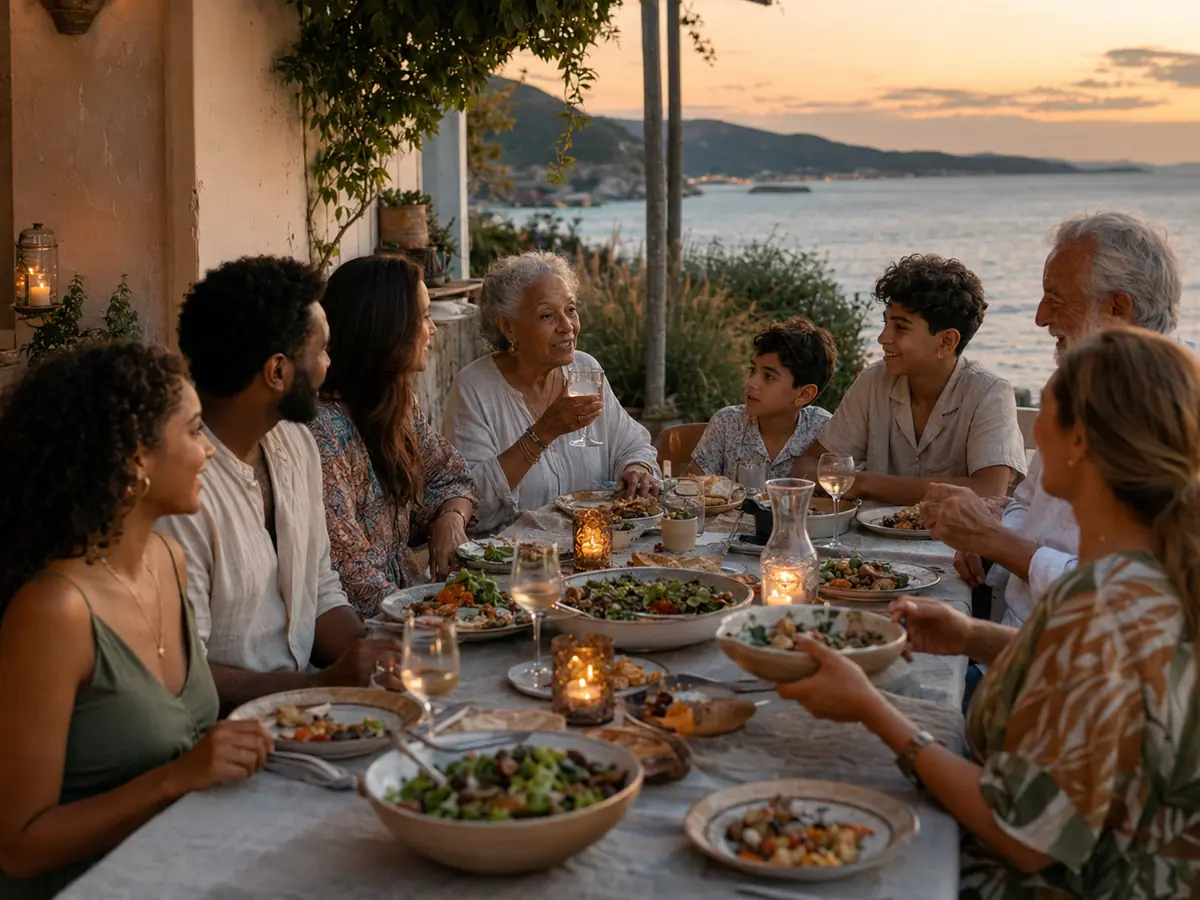 Familia intergeneracional reunida en una cena especial frente al mar