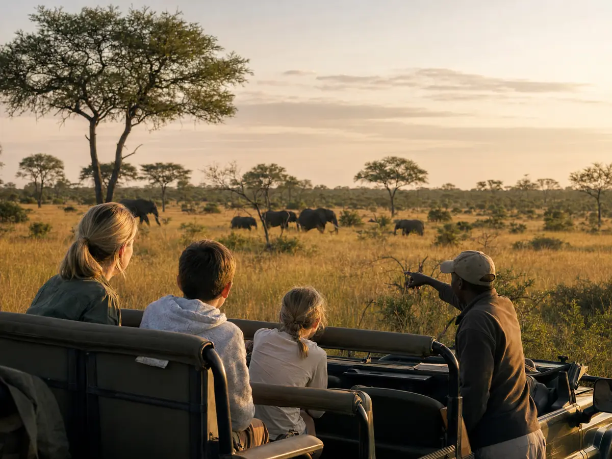 Madre con dos hijos observando elefantes durante un safari privado en familia